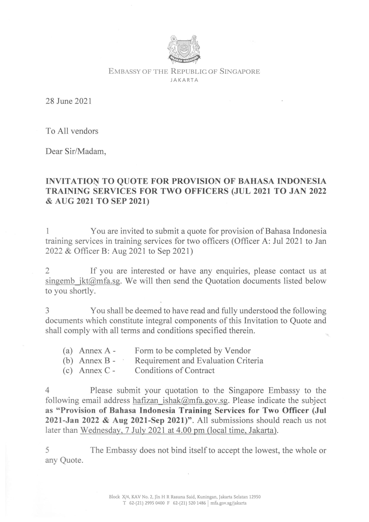 Singapore Embassy Jakarta invitation to quote document for Bahasa Indonesia training.